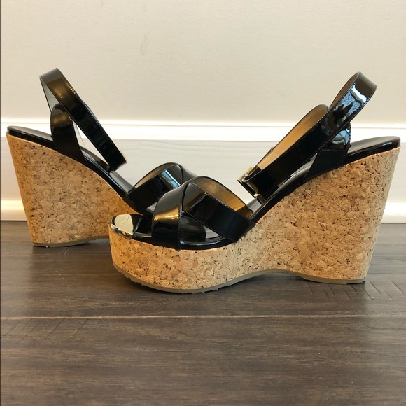 Jimmy Choo Shoes - Jimmy Choo Papyrus Patent Leather Cork Wedges 36.5